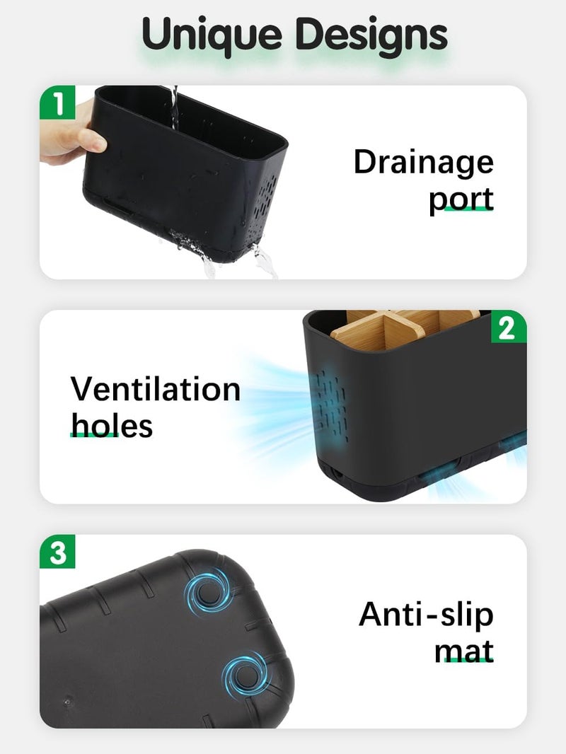 GFWARE Black Toothbrush Holder, Bamboo Toothbrush and Toothpaste Holder with Drainage, Electric Kids Matte Black Toothbrush Holders Set Organizer for Bathrooms Countertop Accessories Storage - Image 4